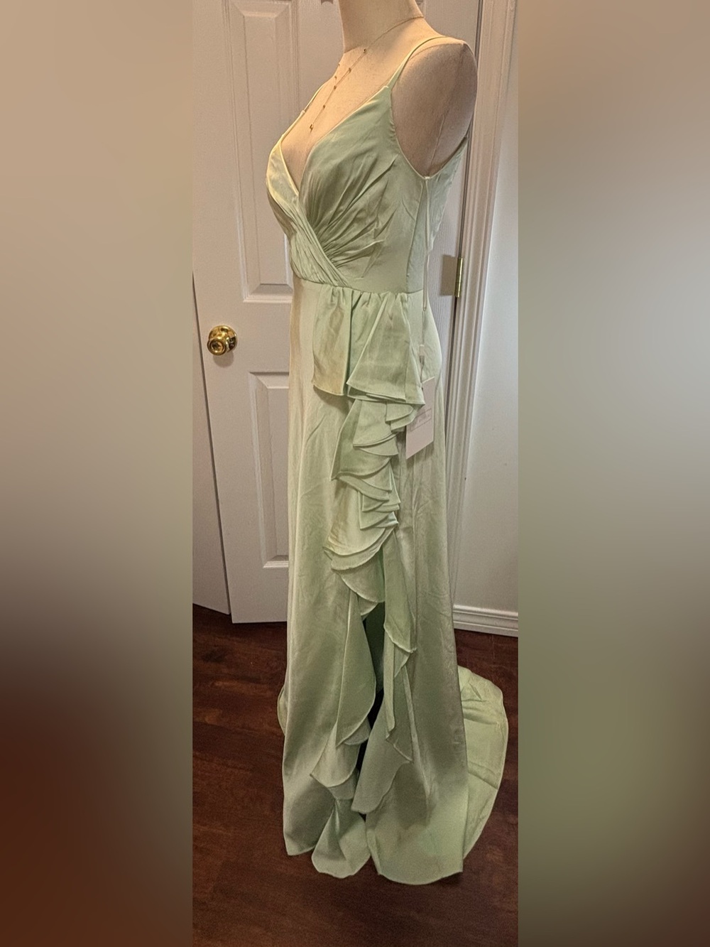 IEENA For Mac Duggal Pistachio Green Ruffle Asymmetrical Satin Eve Gown #67815 - Picture 5 of 13